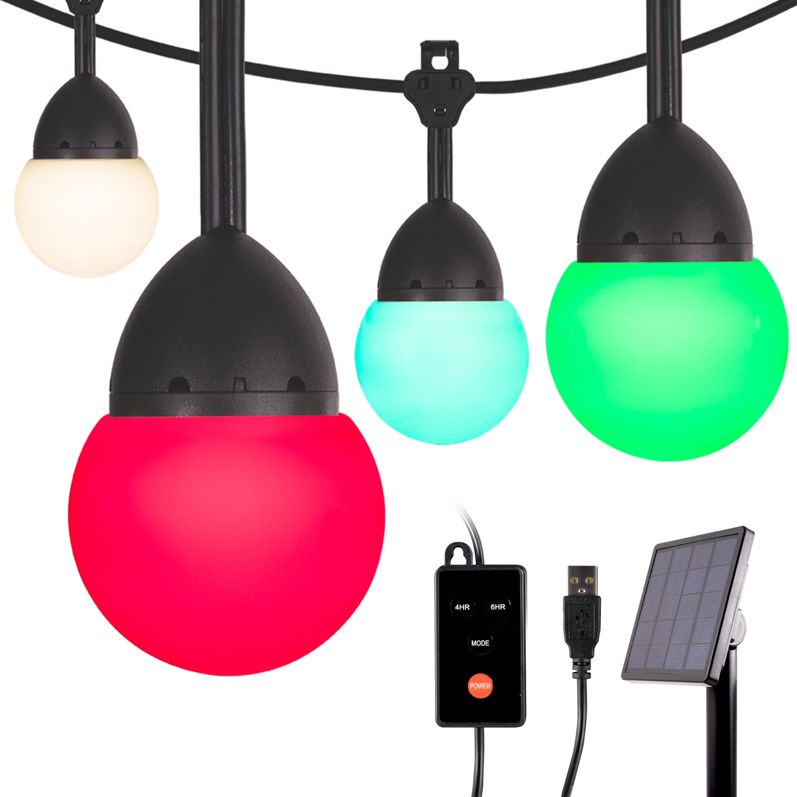 Enbrighten USB-Powered Solar Color Changing Outdoor String Lights, 12ft, 12 Bulbs, Remote Controlled, Weatherproof, Customizable, Solar Panel Bundle, 55285-S1
