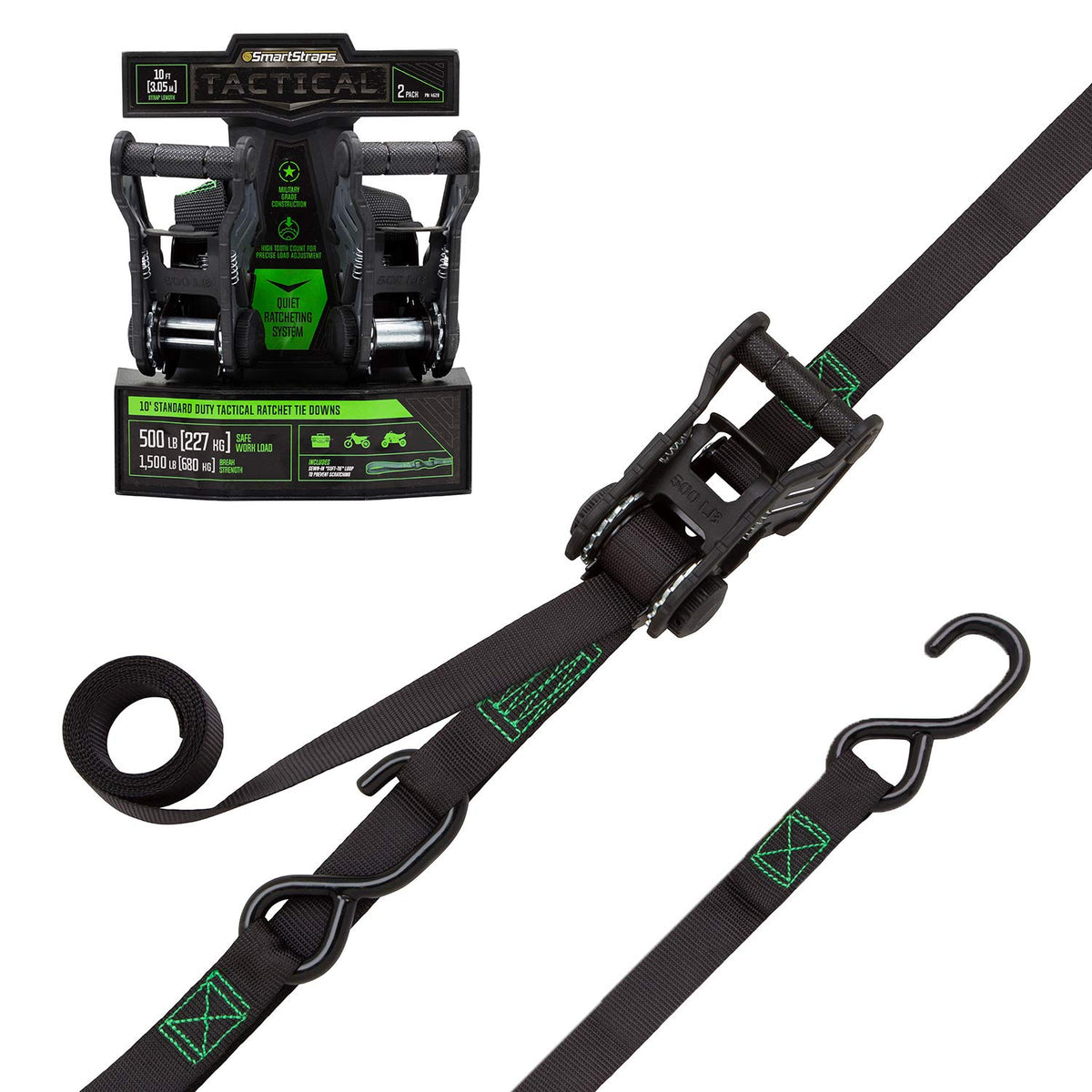 SmartStraps 10 ft. Green Tactical Ratchet Tie Down Straps with 500 lb. Safe Work Load - 2 Pack 4628