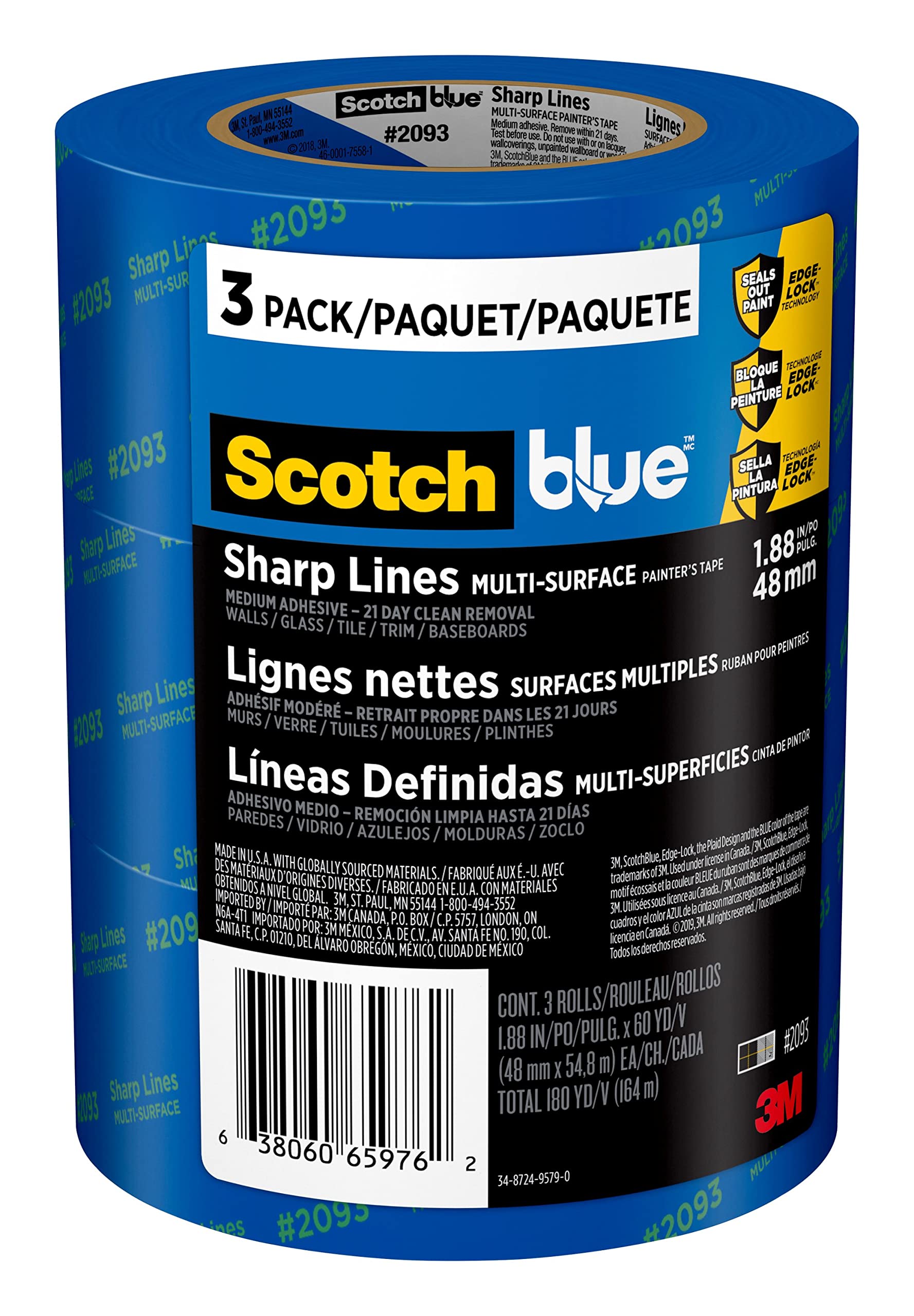 ScotchBlue Sharp Lines Painter's Tape, 1.88 Inches x 60 Yards, 3 Rolls, Blue, Paint Tape Protects Surfaces and Removes Easily, Edge-Lock Painting Tape for Indoor and Outdoor Use