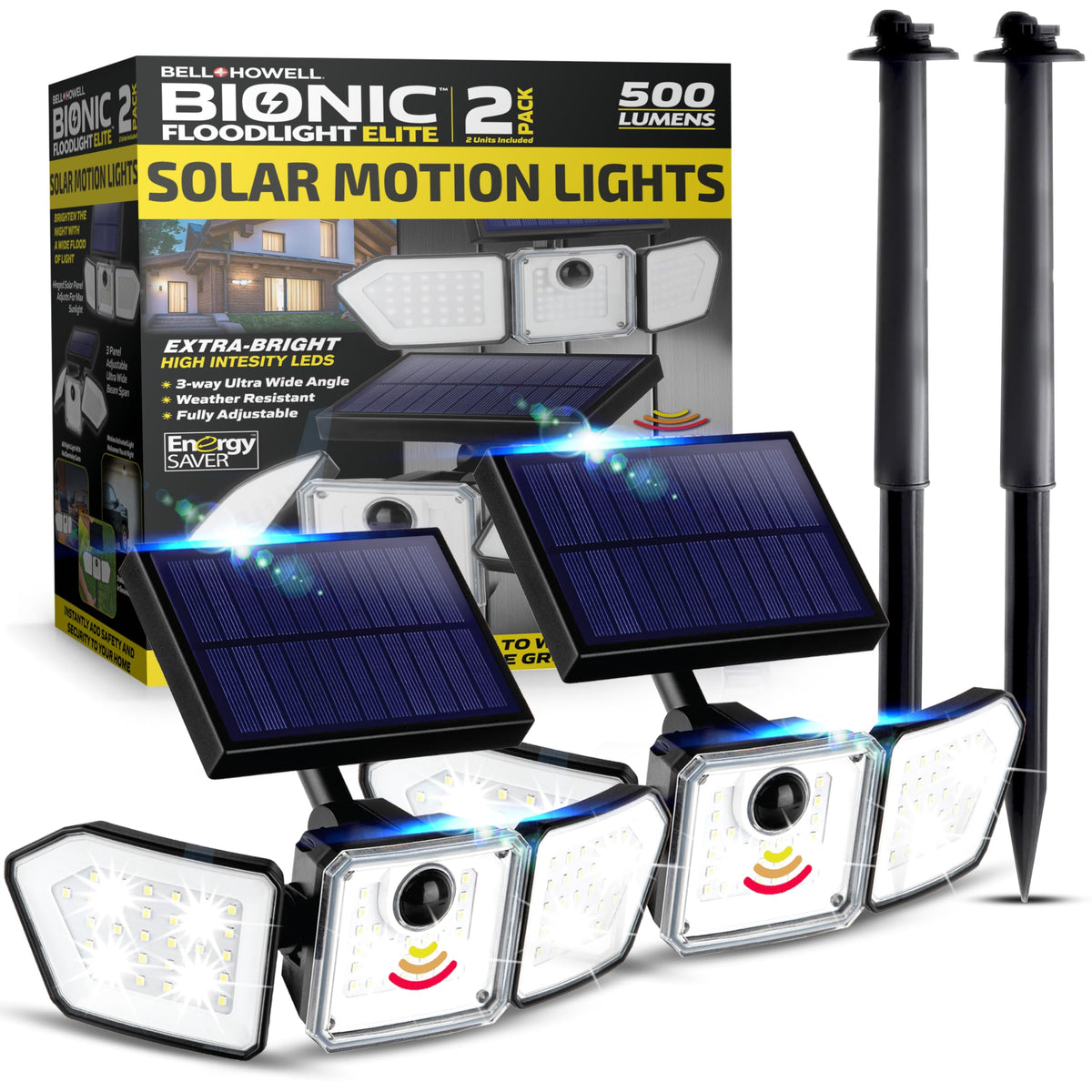 Bell+Howell 2 Pk Bionic Solar Flood Lights Outdoor Motion Sensor